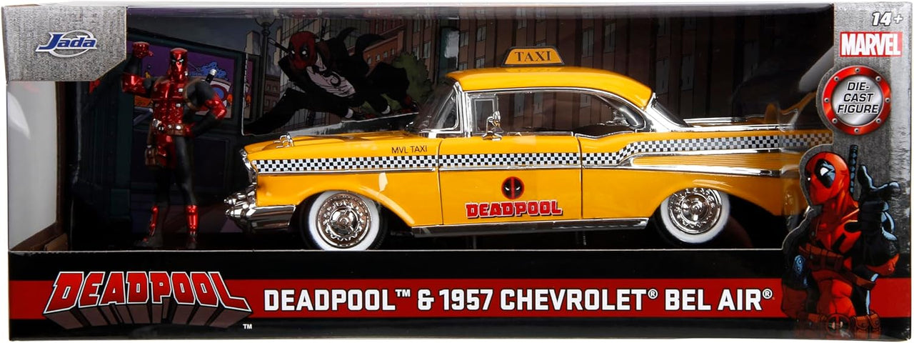 1:24 Chevrolet Bel Air Taxi Yellow with Deadpool Die-cast Figure